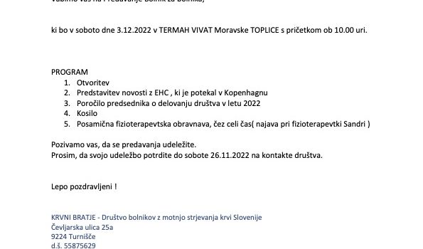 Vabilo na predavanje “Bolnik za bolnika” Vabilo na predavanje “Bolnik za bolnika”